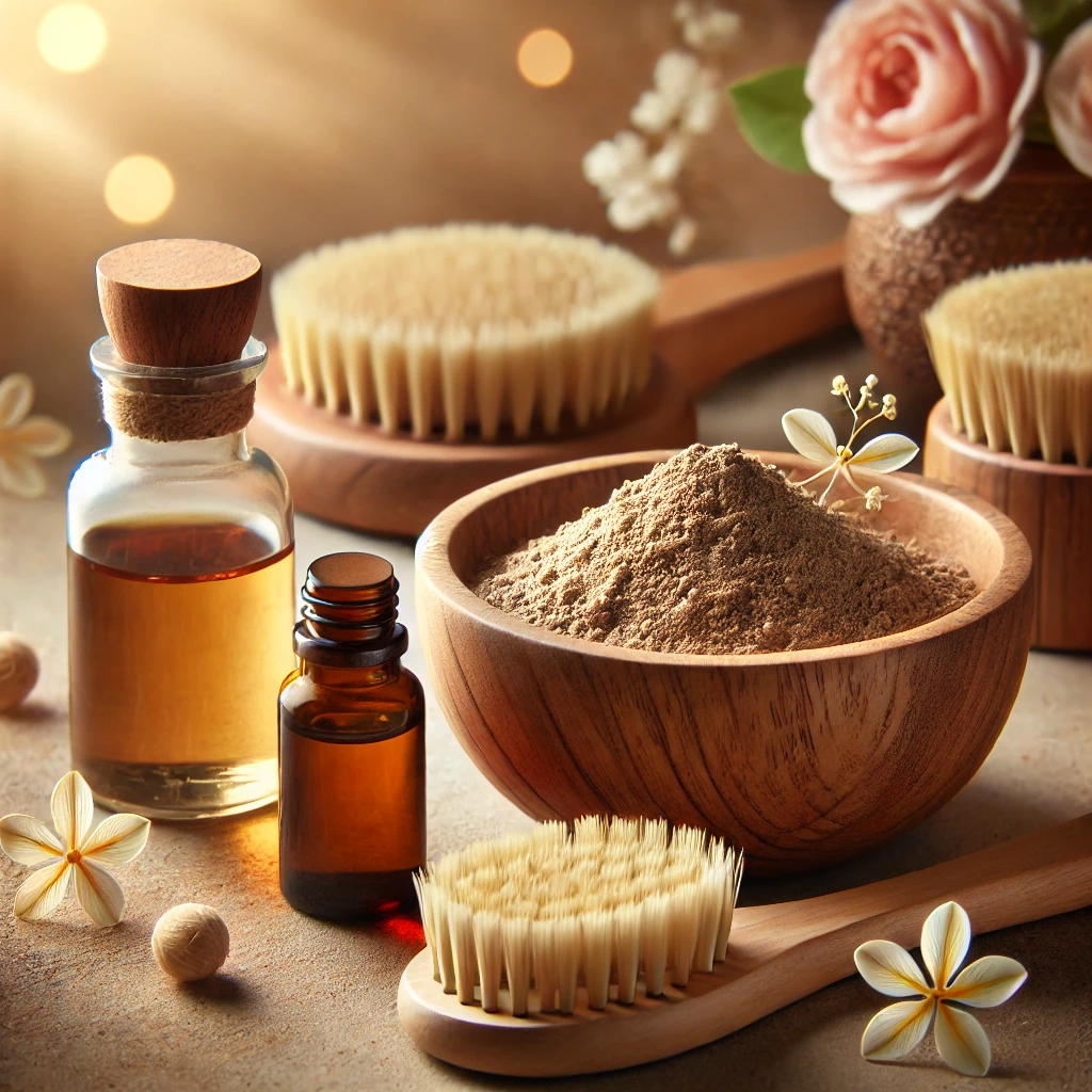 DALL·E 2025-02-26 18.49.10 - A natural and aesthetic composition featuring sandalwood-based skincare products. The image should include a wooden bowl filled with sandalwood Sândalo na Rotina de Beleza – Como Essa Madeira Pode Excitar e Rejuvenescer a Pele