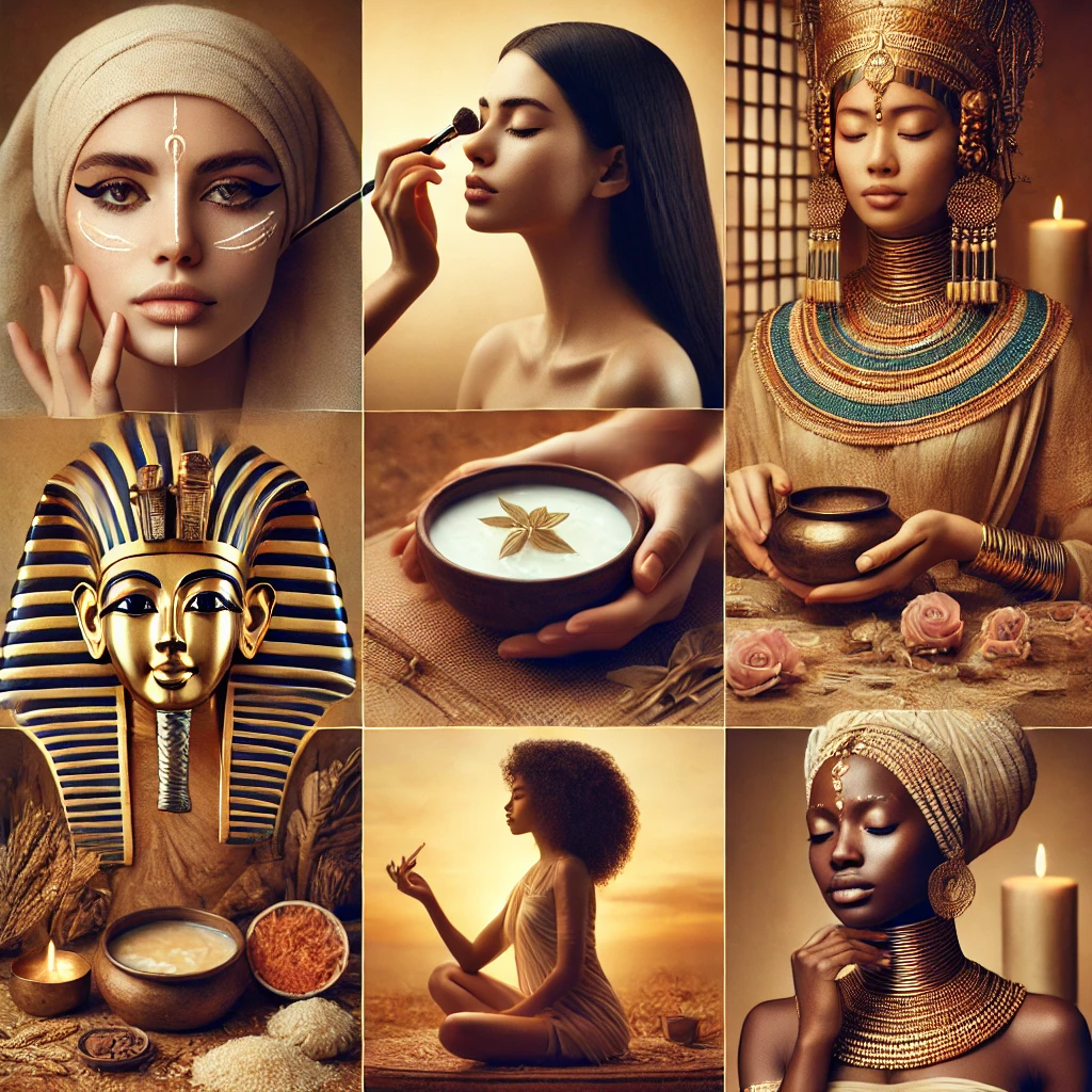 DALL·E 2025-03-04 22.19.44 - A beautiful composition showcasing ancient beauty rituals from different cultures. The image includes elements like an Egyptian woman applying k Beleza Ancestral – Técnicas Naturais Usadas por Diferentes Culturas ao Longo da História