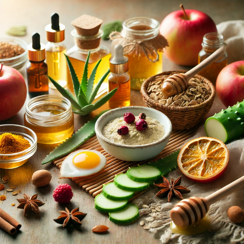 DALL·E 2025-03-14 23.31.18 - A natural skincare composition featuring ingredients such as rosehip oil, aloe vera, turmeric, apple cider vinegar, green tea, potato slices, an Remédios Naturais para Manchas na Pele – Alternativas Pouco Conhecidas que Realmente Funcionam